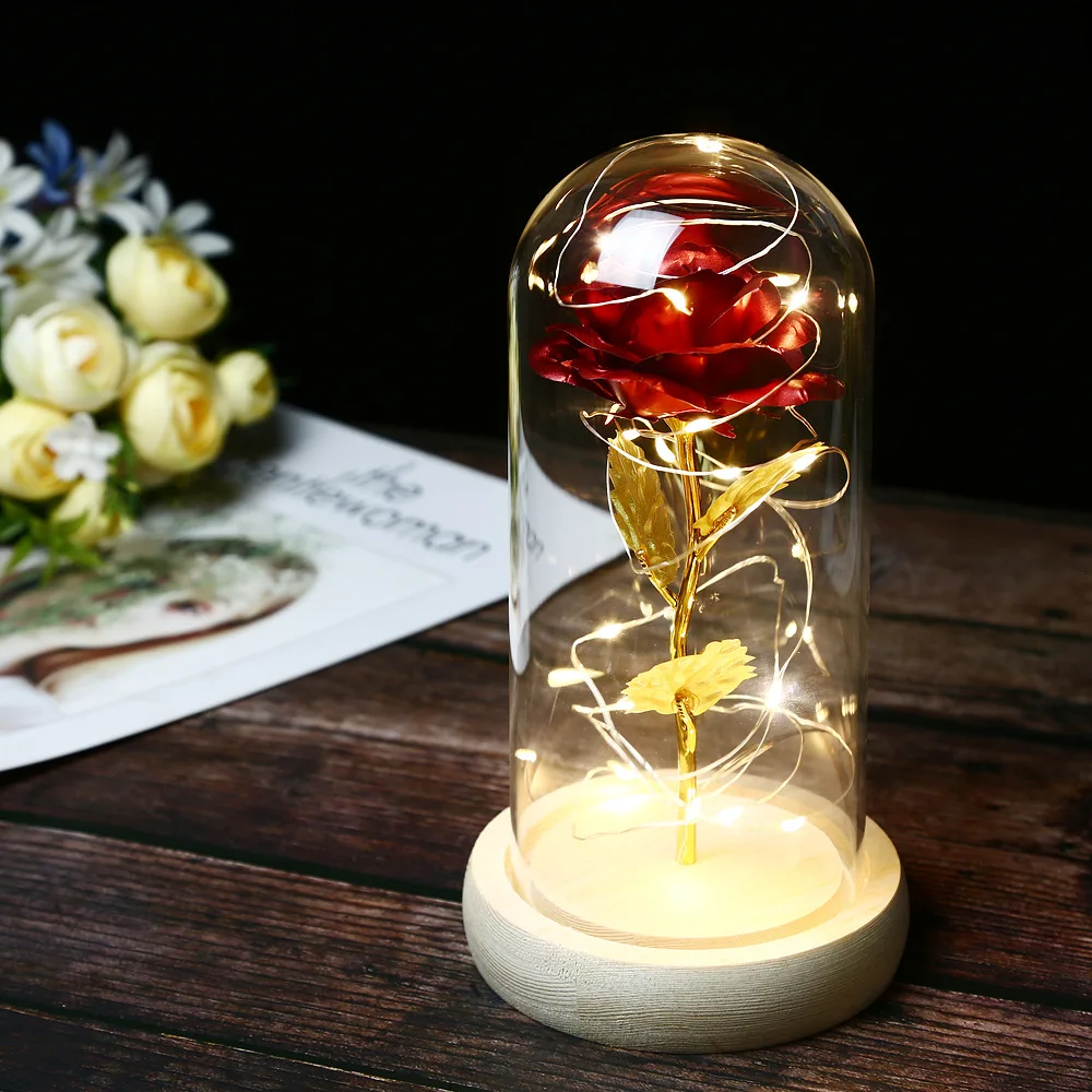 

LED 7 color red rose glass dome wooden base beauty and the beast christmas valentine birthday gift for girlfriend and mother