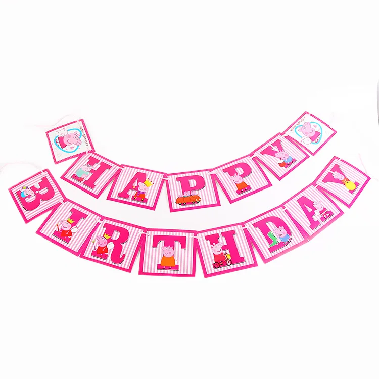 Peppa Pig Birthday Party Sets Anime Figure Party Decoration Supplies Cup Hat Spoon Activity Event Kids Birthday Gifts 2P28 - Цвет: Birthday flag