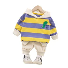 Nueva primavera niños ropa de dibujos animados bebé niño niñas rayas sudaderas con capucha pantalones 2 unids/set niños otoño niño ropa infantil chándal