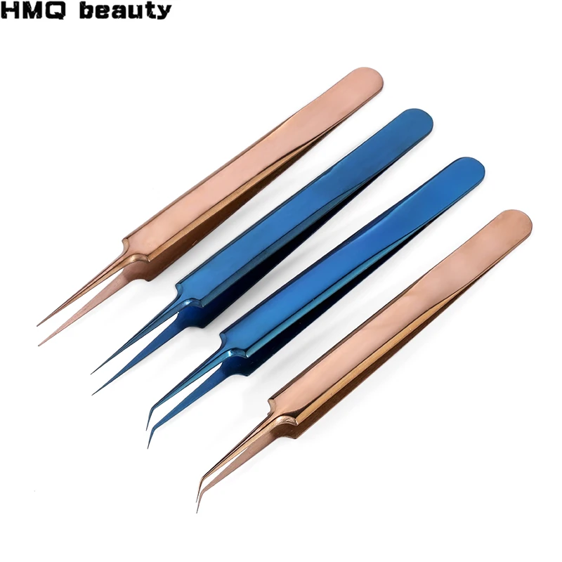 Tweezers Eyelash-Extension High-Precision Stainless-Steel Gold Blue for Thin-Tip