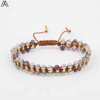 

Vintage Women 4mm Rainbow Fluorite Round Bead Handmade Rope Bracelet Boho Natural Stones Weaving Bracelet Adjustable N0293AMAB