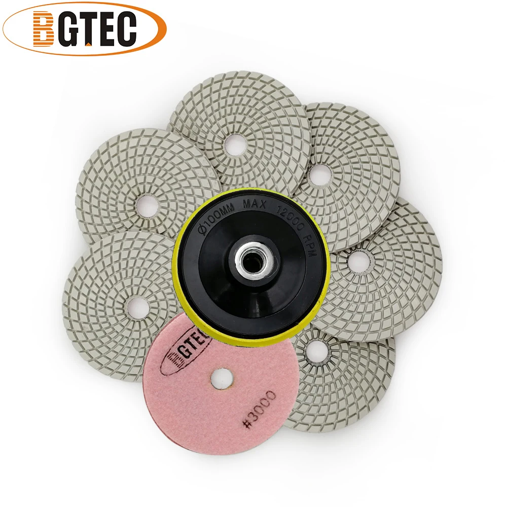 BGTEC 4inch 7pcs #1500 Professional diamond flexible polishing pad with M14 plastic backer 100mm marble granite grinding disc |