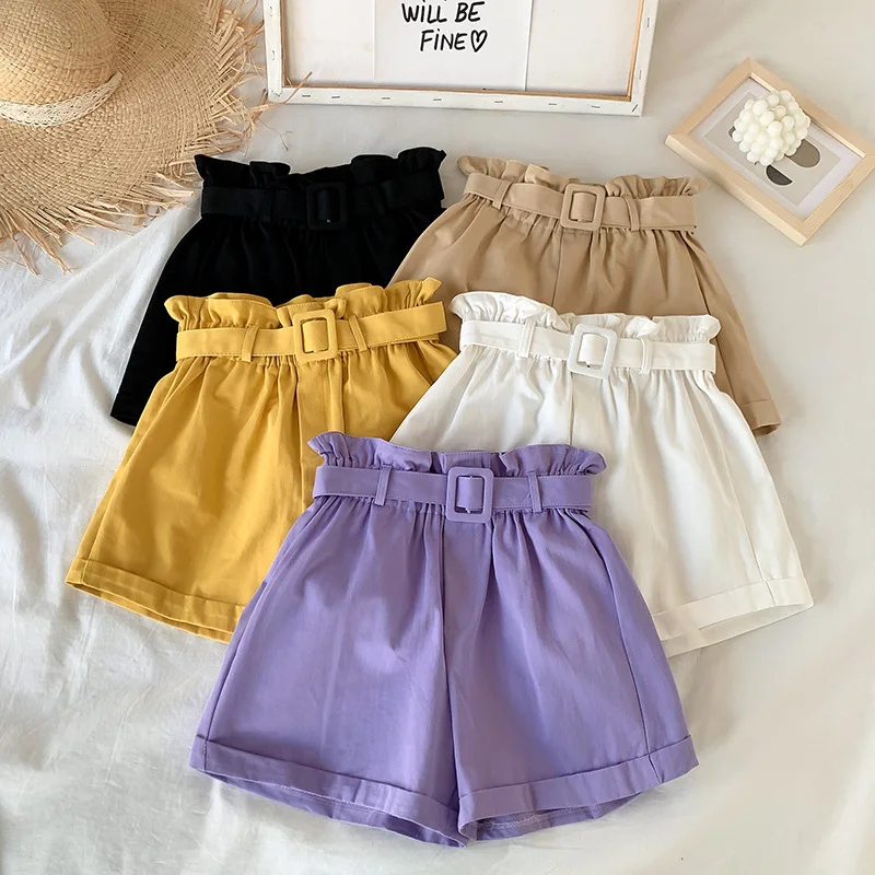Elegant Cotton Shorts womens 2021 Summer New Wild Leisure Bead Bud Wide Leg shorts High Waist Slimming with a Belt | Женская одежда
