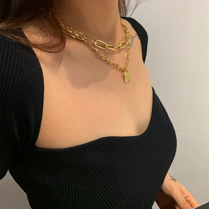 Peri'sBox Simple Double Layer Oval Chain Square Pendant Necklace Fashion Punk Goth Necklaces For The New Year Gifts Jewelry 2020 - Image 2