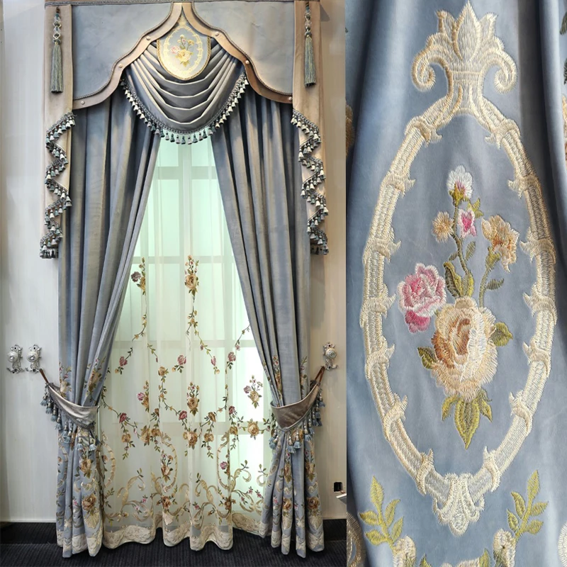 

European Top luxury light blue velvet embroidered curtains for villa living room upscale hotel bedroom window decoration