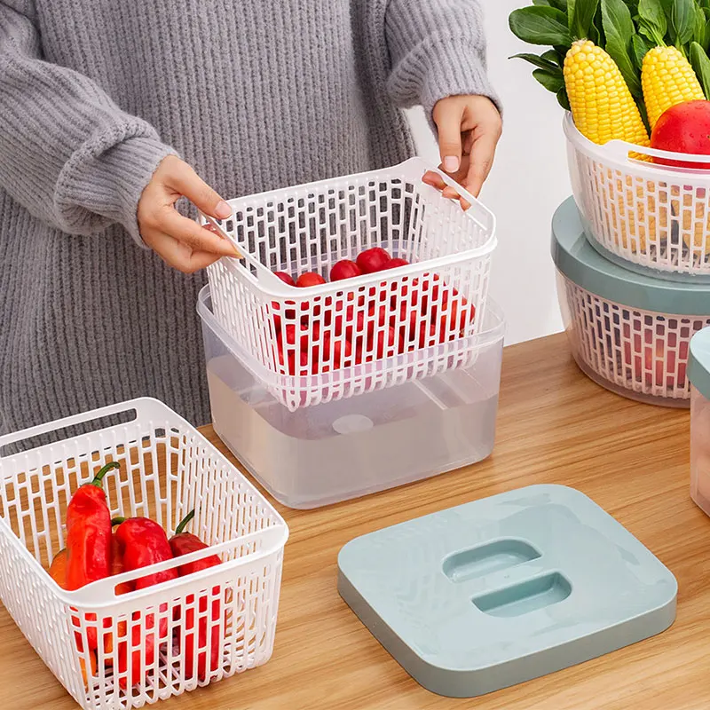 

Fresh Produce Vegetable Fruit Food Storage Container Set Fridge Saver Colander Bin Vegetables Dryer Free Drain Home Kitchen