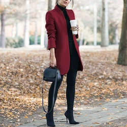 Moda casual todos os combinar casacos e jaquetas femininas 2020 outono e inverno nova cor sólida levante se gola senhoras casaco de lã