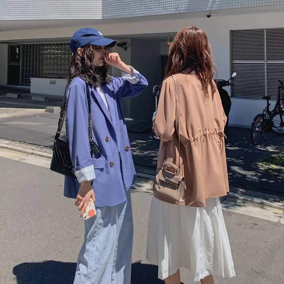 

Photo Shoot Dongdaemun New Style Back Shirred Waist Hugging Double Breasted Three-Color Small Suit Coat Women's Loose-Fit Able O
