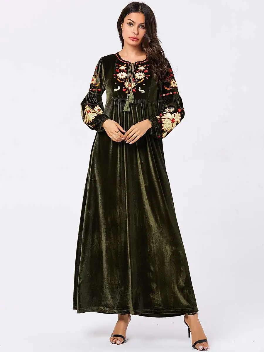 Модное женское бархатное теплое мусульманское платье abaya длинное платье с вышивкой исламские Макси-платья Дубай jilбаб с круглым вырезом платье одежда