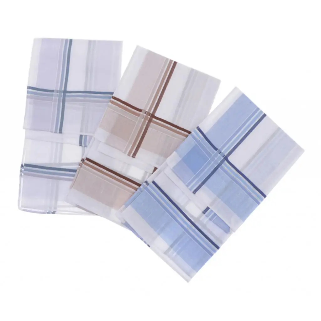 Set Of 3 High Quality Cotton Handkerchiefs For Men, Simple And Classic Plaid Design