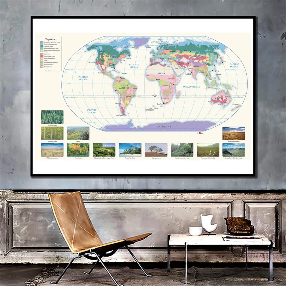 

150x100cm The World Non-woven Spray Painting Map With Vegetation Species Distribution Map For Education