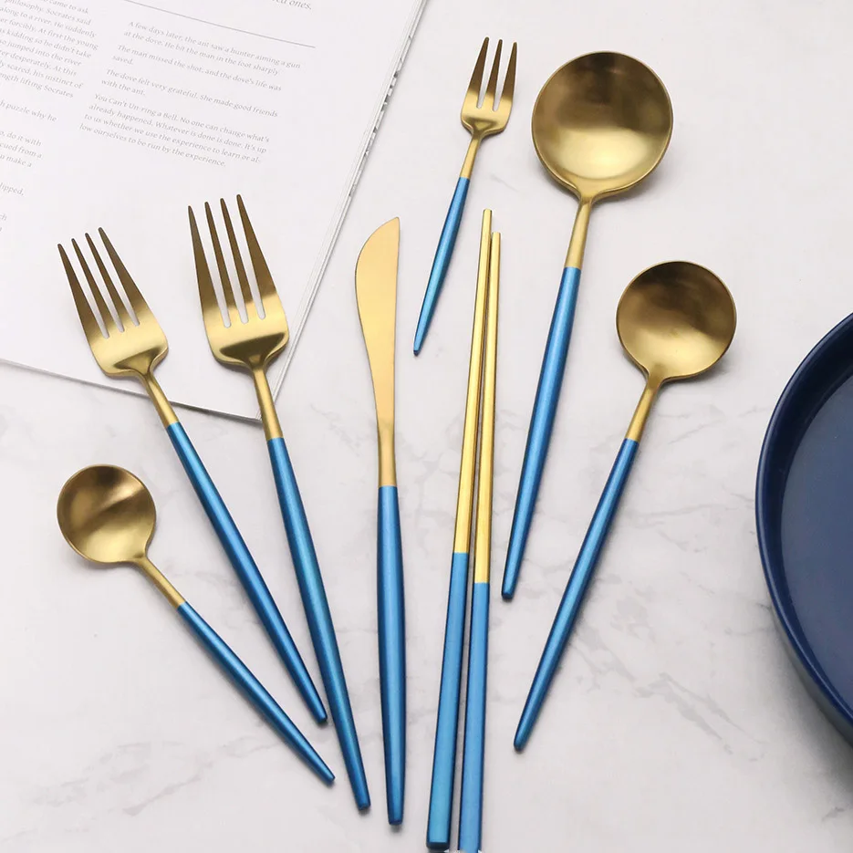 1 комплект посуды 304 из нержавеющей стали Синие золотые столовые приборы набор ножей для торта салат вилка набор столовые приборы Посуда Прямая
