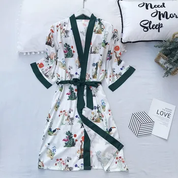 

New ice silk mid-sleeved pajamas women's халат morning gown simulation silk bride bathrobe printing thin section sleepwear women