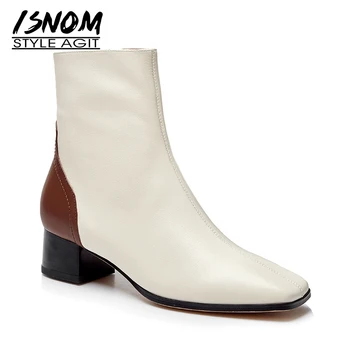 

ISNOM Cow Leather Ankle Boots Women Thick Heels Booties Square Toe Shoes Female Fashion Stitching Zip Shoes Ladies Spring 2020