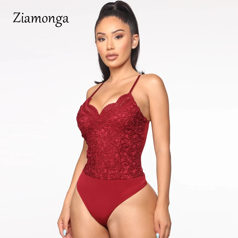 Ziamonga-body de encaje con cuello de pico para mujer, traje Sexy sin mangas, mono Bodycon, ropa de calle de moda, traje de fiesta para discoteca 2020
