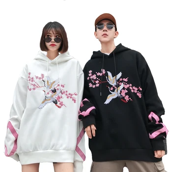 

Japanese Street Crane Embroidery Flowers Couple Hooded Thin Hoodies Men and Women Lovers Loose Hip-hop Hoody J885