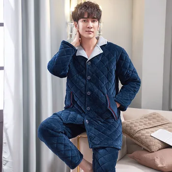 

Men's Pajamas Winter Three-layer Quilted Thickened Plus Velvet Warm Coral Flannel Home Service Pigiama Uomo Invernale Dormir Top
