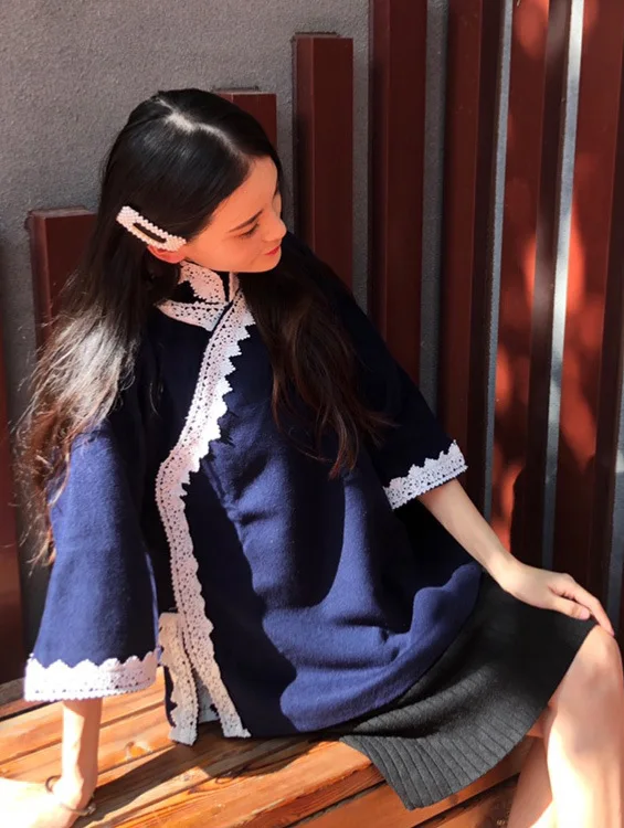 

New Spring big size traditional retro Chinese style big size stand collar woolen jacket with lace stitch for women