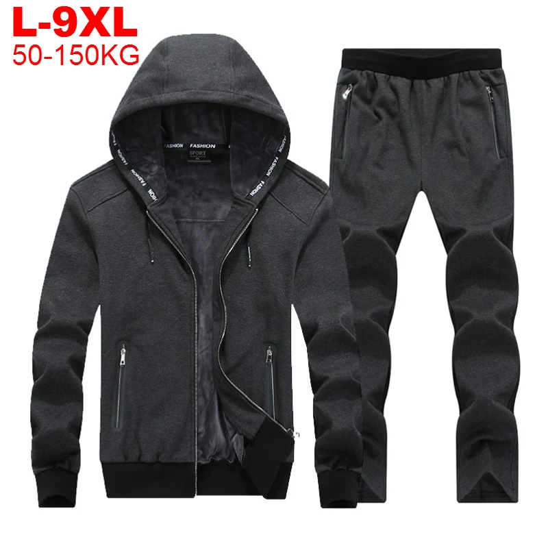 Mens Tracksuits Pants Sportswear Hooded Warm-Sets Zipper Fleece Winter Thick Male