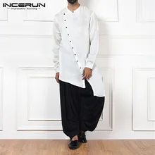 INCERUN, повседневная Хлопковая мужская рубашка,, свободная, длинный рукав, пуговица, Ретро стиль, длинные, Необычные Рубашки, простая Мужская индийская одежда размера плюс 7