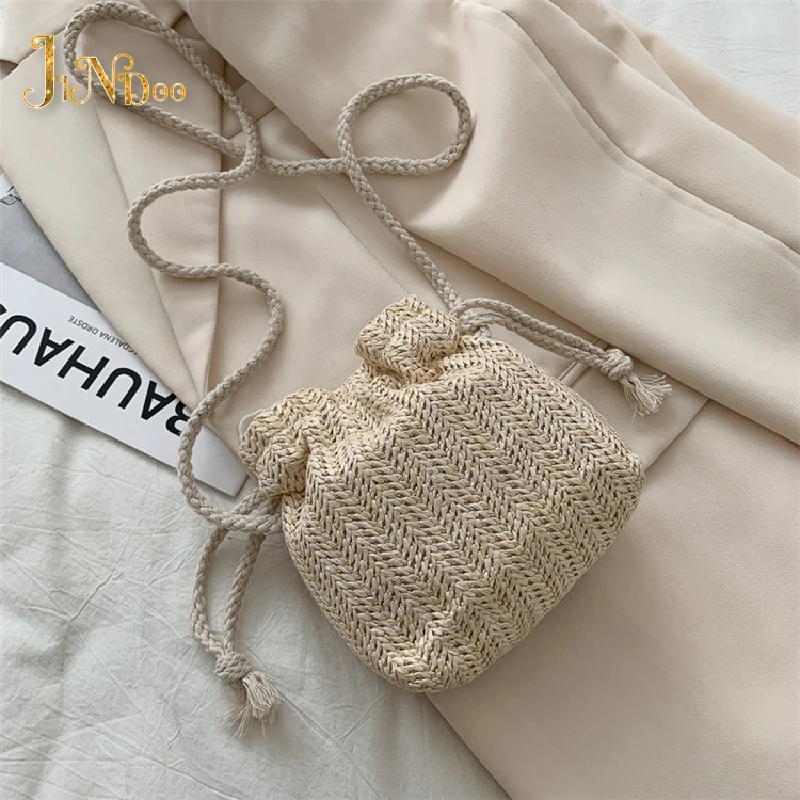 2022 New Women Beach Straw Bags Classic Chic Sunflower Drawstring Woven Bucket Crossbody Shoulder Messenger Bag Casual Wallet