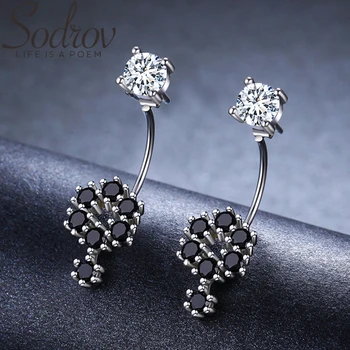 

SODROV Genuine 925 Sterling Silver Jewelry Black Spinel Stone Cute Flower Engagement Stud Earrings for Women II034