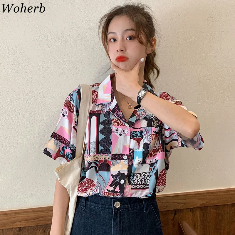 

Woherb Turn Down Collar Short Sleeve Blouse Cat Pattern Casual Loose Shirts Female Vintage Fashion Tops Korean 2020 New 91673