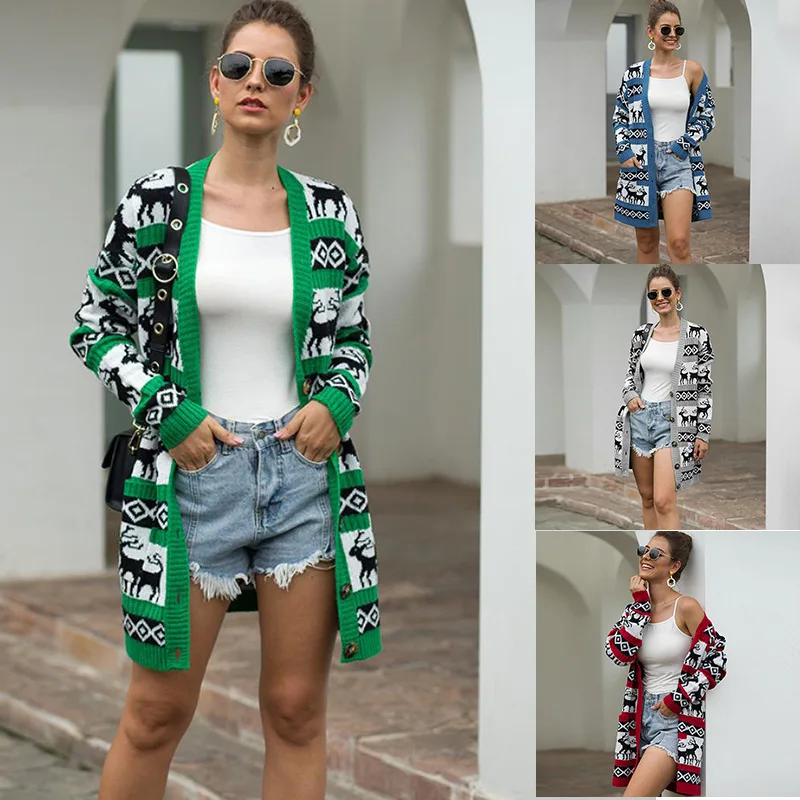 

iMucci Christmas Elk Prints Knitted Sweater Women Autumn New Button Contrast Color Fashion Cardigan Females Long Sleeve Coats