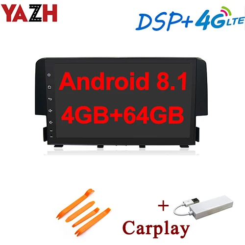 with carplay YAZH Android 8,1 4 Гб 64 ГБ Автомобильный радио мультимедиа для Honda Civic с 9,0 ”ips дисплеем/4G sim-карты/SWC/DSP/OBD/Bluetooth 5,0 - Цвет: with carplay