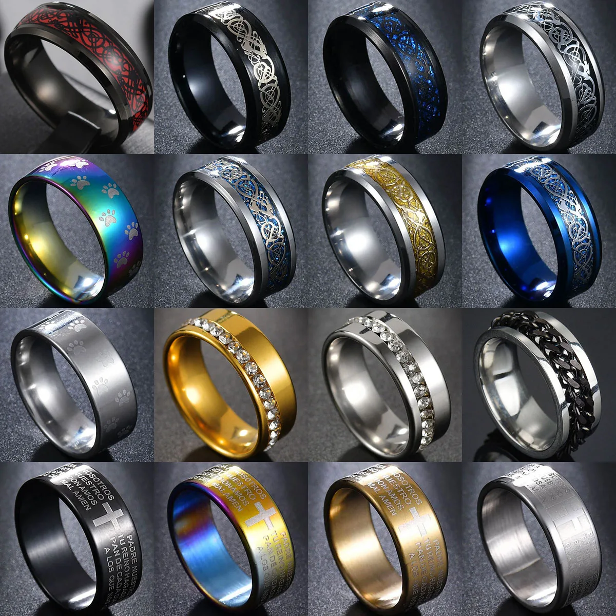 

Ring Men Titanium Black / Gold / Silver 7 Colors in Dragon Ring / Bibble Cross Rings / Rhinestones Ring for Wedding Gift