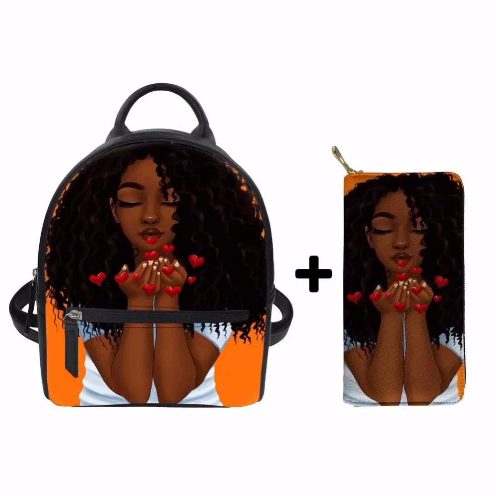 FORUDESIGNS/рюкзаки из искусственной кожи для женщин в африканском стиле для девочек, черные сумки на плечо для женщин, 2 шт., рюкзак и кошелек, набор для женщин, мини-сумка