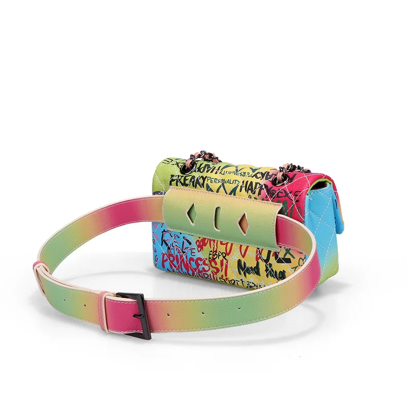 

RAZALY Brand High Quality Designer Doodle Graffiti handbag Pocket crossbody leather Satchels diamond latice bag real chain waist