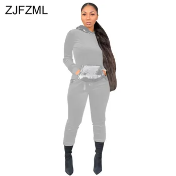 

Sequin Patchwork Plus Size 2 Piece Sweatsuits for Women Hooded Full Sleeve Pockets Top and Causal Long Pants Velvet Fall Outfits