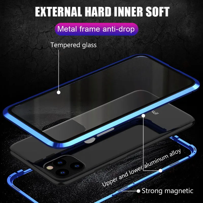 Металлический магнитный адсорбционный чехол для iphone 11 Pro X XR XS Max, противоударный чехол для iphone 7 8 Plus 6 6 S, задняя крышка из закаленного стекла