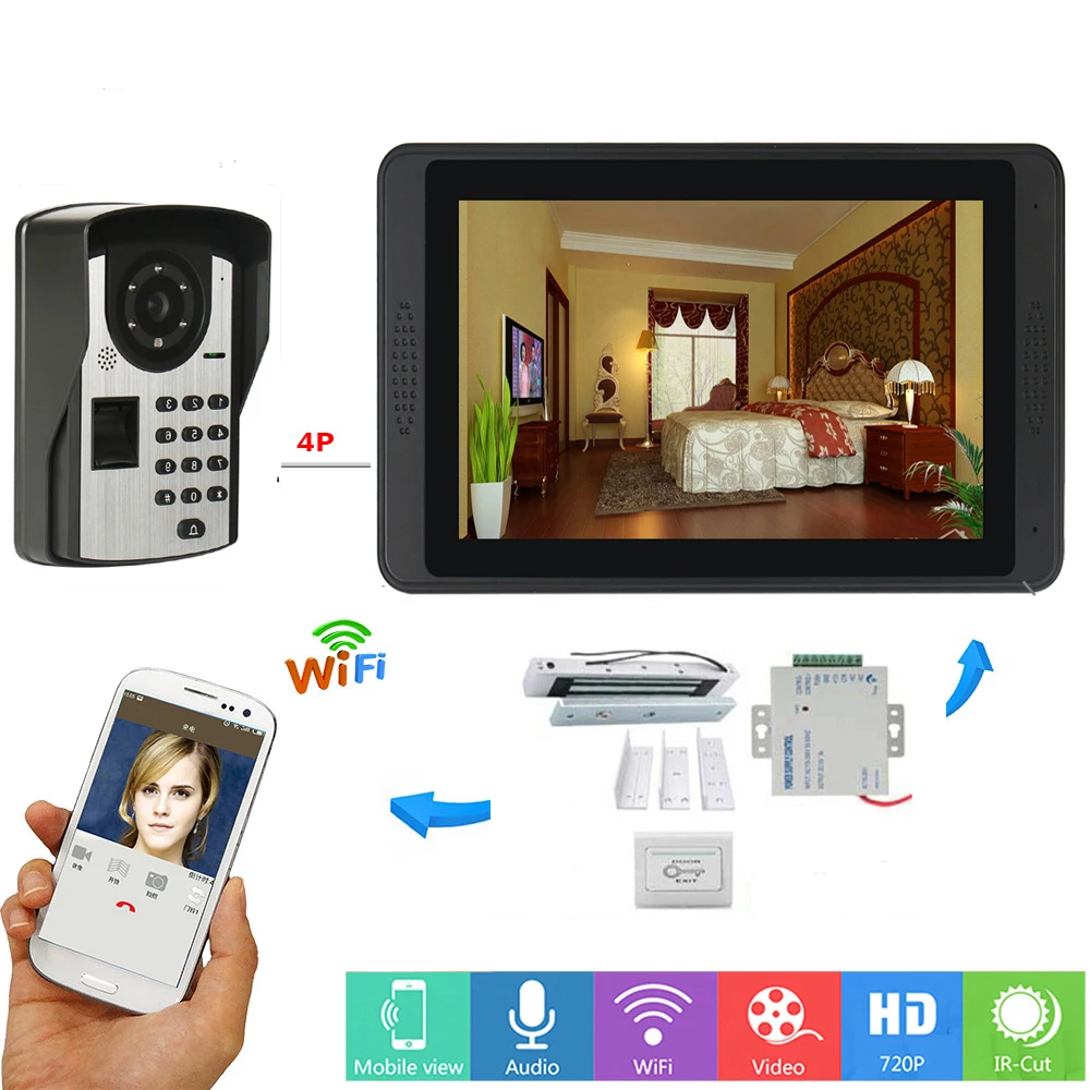 Best Video Intercom 7 Inch LCD Wifi Wireless Video Door Phone Doorbell Intercom Password Fingerprint Camera System+Door Opening Lock