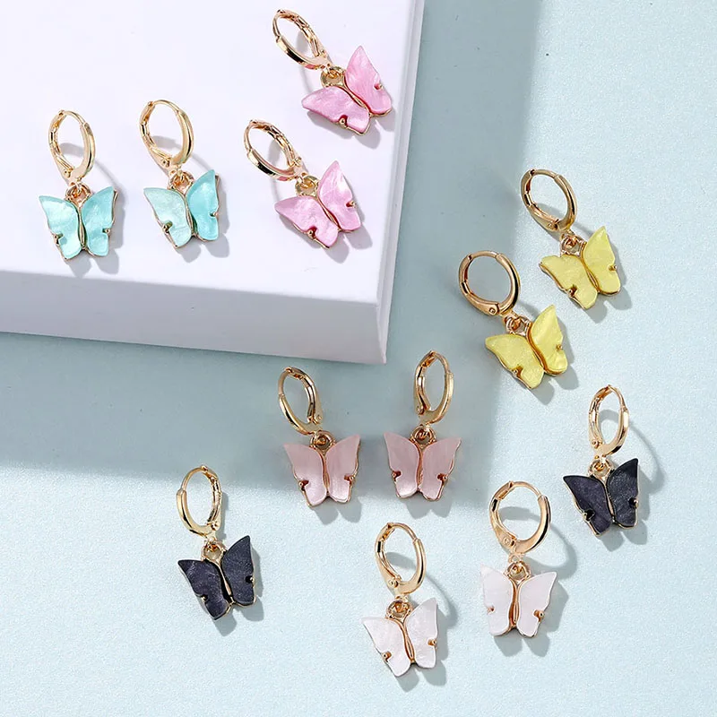 Женские акриловые серьги-гвоздики с бабочками яркие висячие серьги эффектные