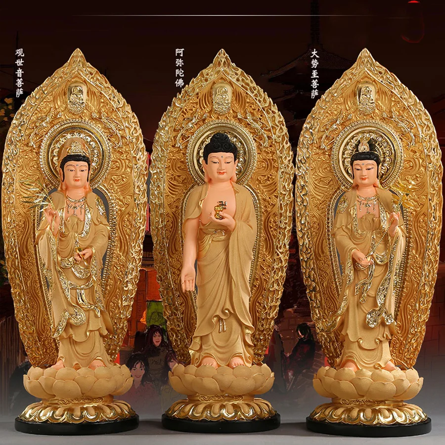 54cm Large A Set 3pcs Home Shrine Protection Buddhism Xi Fang Sansheng Standing Guan Yin