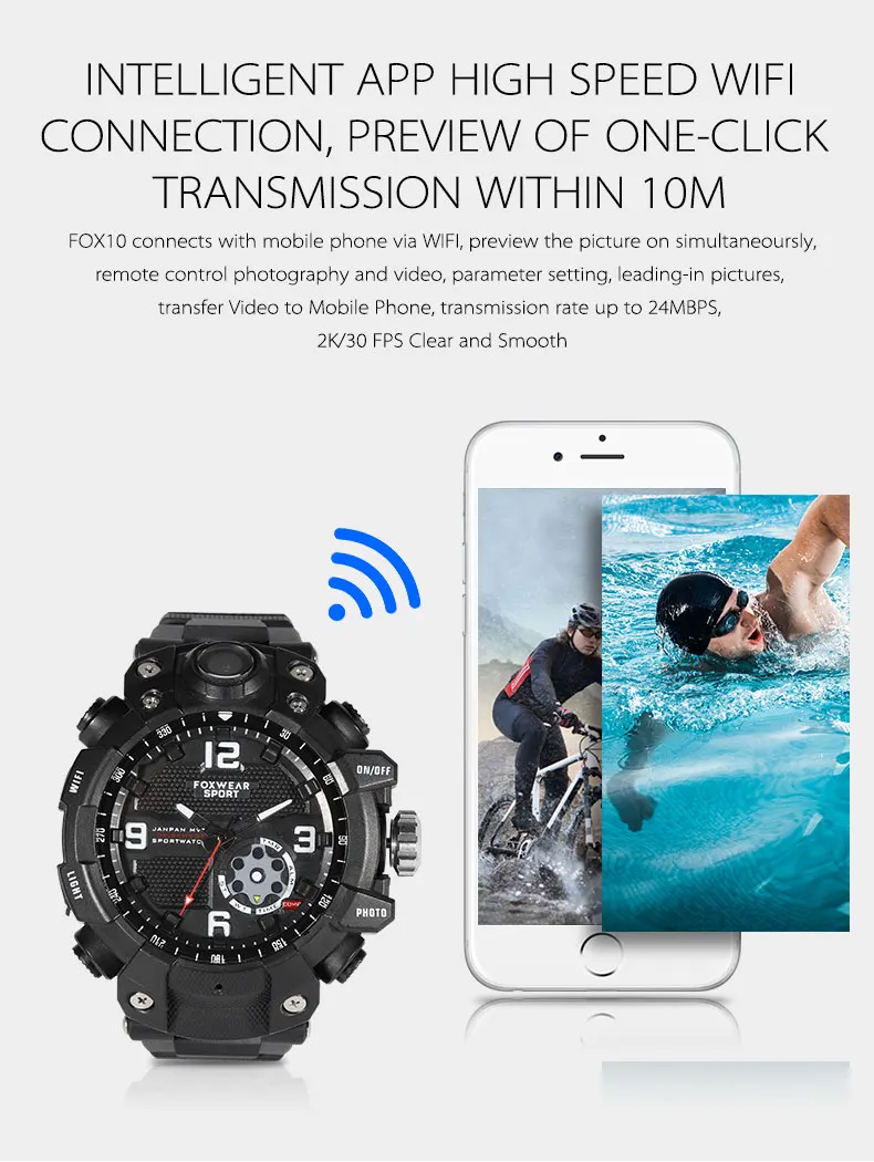 FOX10 2K 30fps WIFI Sport Camera IP67 Waterproof Watch Camera HD Camera Watch with LED Light Magnetically Charger