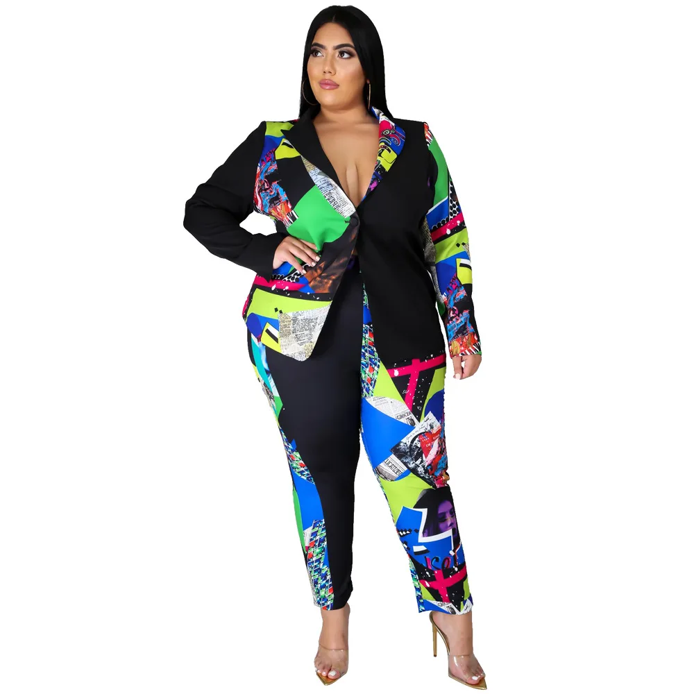

Adogirl Plus Size 5XL Autumn Women Set Fashion Print Blazer Tops Straight Pants Two Pieces Set Patchwork Tracksuits Outfits