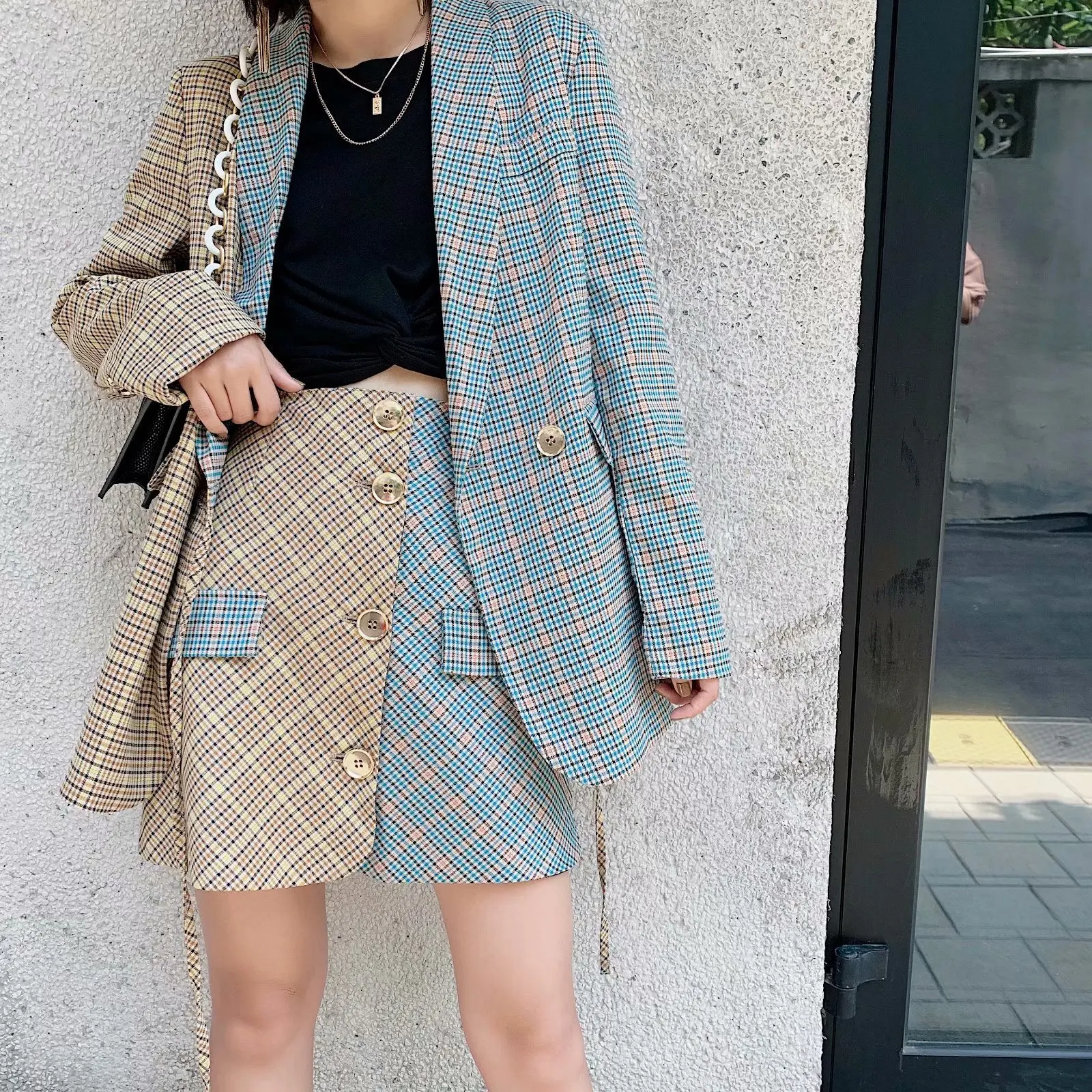 

Europe And America WOMEN'S Dress 2019 Spring And Autumn New Style Two-Button Lace-up Contrast Color Plaid Suit Jacket Women's
