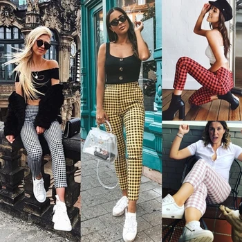 

Women Casual Pants Plaid Grid Stretchy Waist Fashion Trousers Street Fit Jogger Harem Pants Casual Bottoms Skinny ouc320