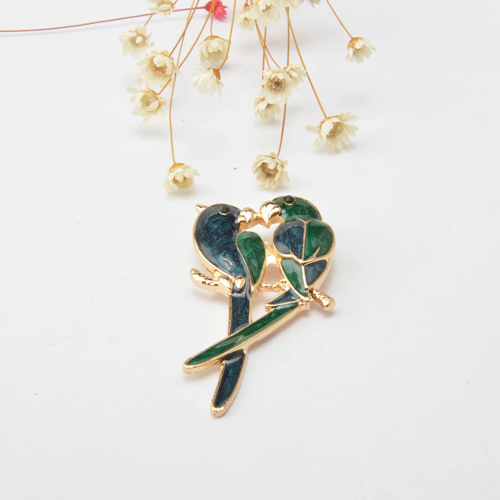 2pcs Vintage Green Enamel Bird Brooch Pin Gold Tone Costume Jewelry Gift