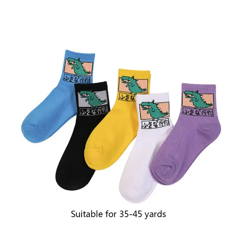 5 пар, женские забавные длинные носки Harajuku с рисунком динозавра, носки скейтборд