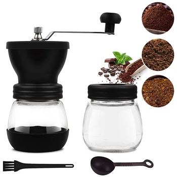 

New Manual Coffee Grinder with Ceramic Burrs,Portable Hand Adjustable Coffee Mill with Two Glass Jars,Silicone Dust-Proof Cover