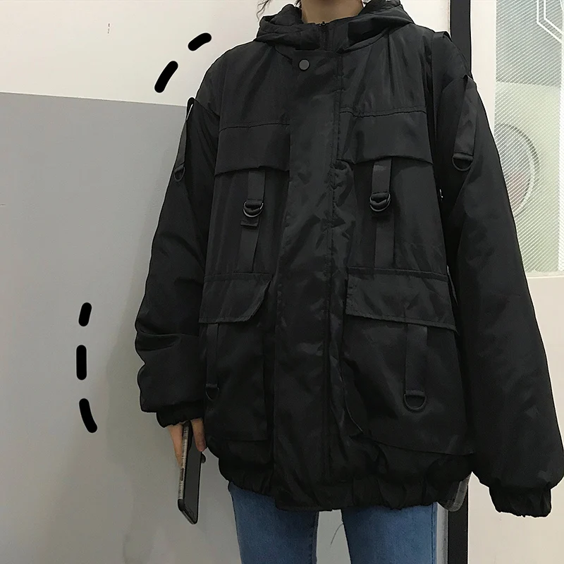LMCAVASUN Harajuku Хип-хоп карго парка зимняя Корейская утепленная куртка с капюшоном Новая Черная уличная одежда BF стиль пальто Верхняя одежда