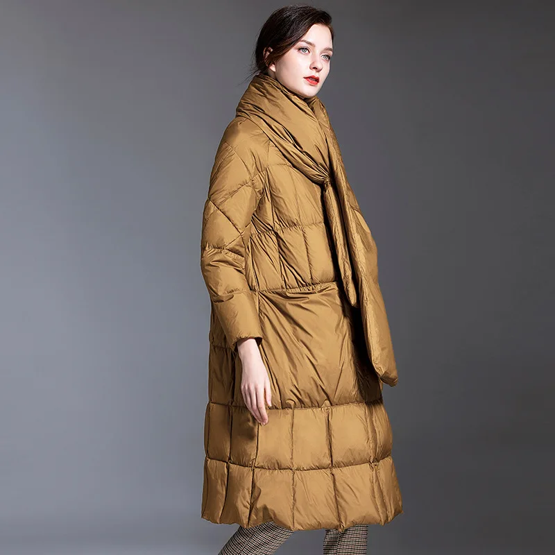 Elifashion, корейский стиль, Зимняя коллекция, модные женские зимние свободные пуховые куртки, женские пальто с шарфом