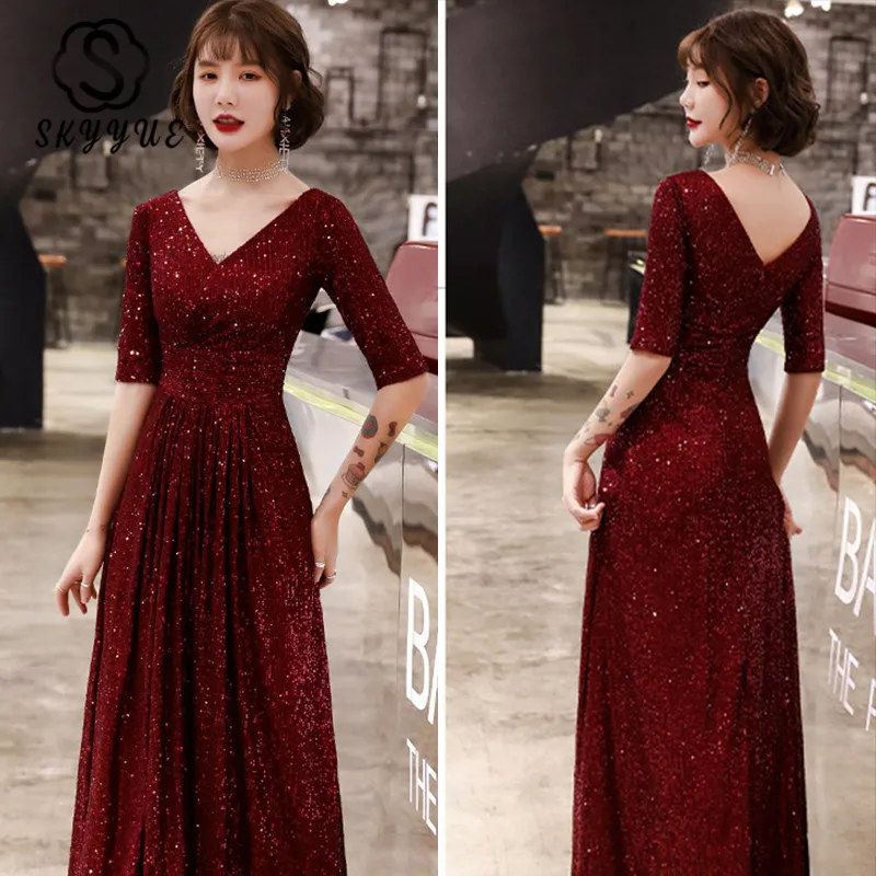 

Skyyue Sequined Evening Dresses Robe De Soiree K143 Burgundy V-Neck A-Line Formal Prom Dress Floor-Length Elegant Evening Gowns