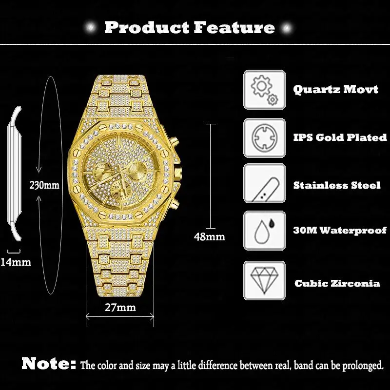 Free Dropshipping Big Men Watches 2020 Luxury Design Classic Waterproof Silver Bling Watch Stainless Steel Bracelet Wristwatch Clock 18K Gold Male Clock  (8)