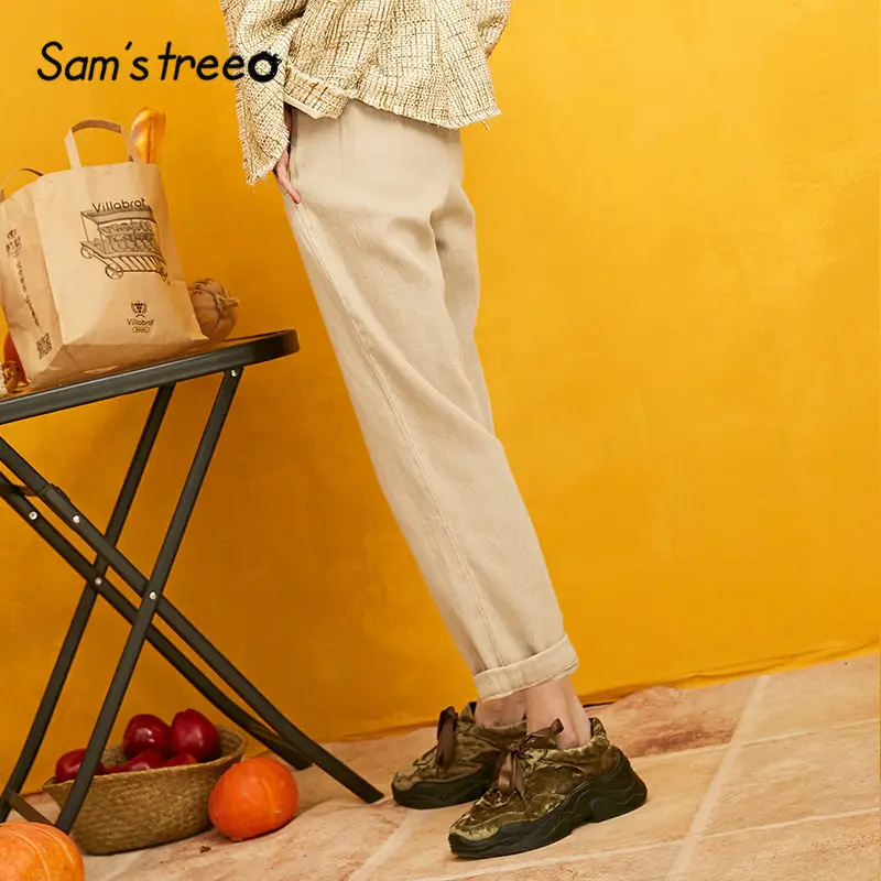 SAM'S TREE/Женские однотонные прямые брюки-карго цвета хаки, зимние свободные повседневные офисные классические брюки со средней талией и манжетами