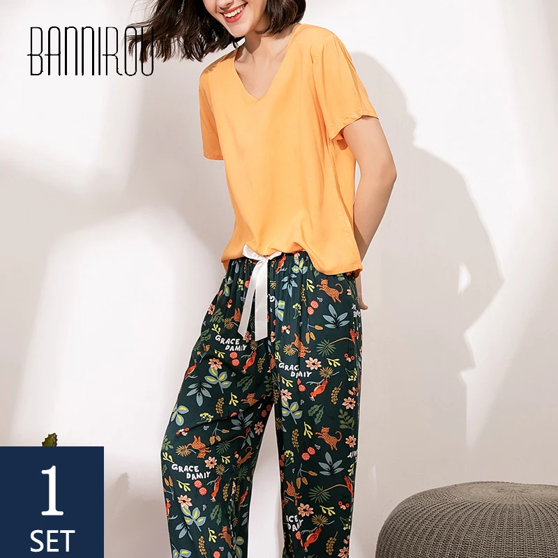 

BANNIROU Women's Printed Pajamas Sets Spring printing Pyjamas Set Viscose Floral Female Night Suits Clothes Sets 2 Piece 2020